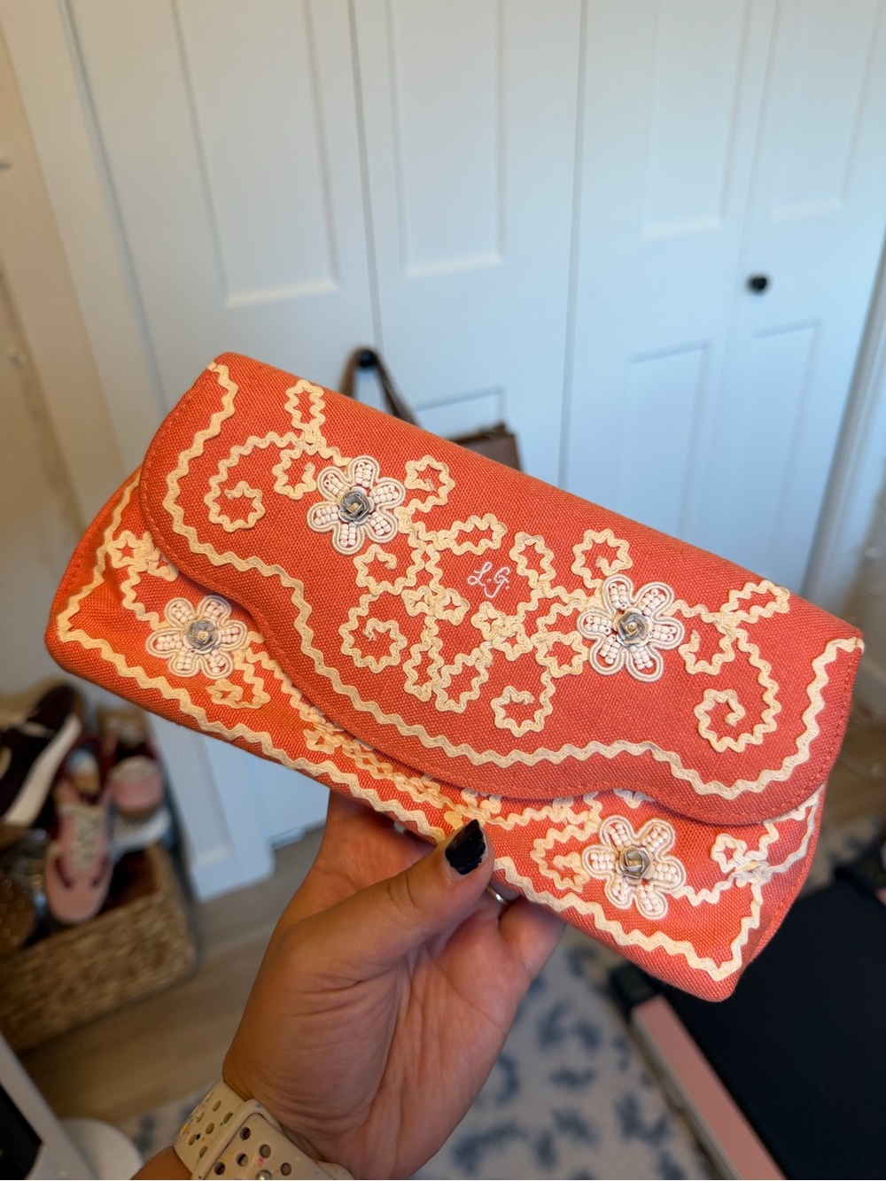 Lulu Guinness Coral Embroidered Floral Clutch